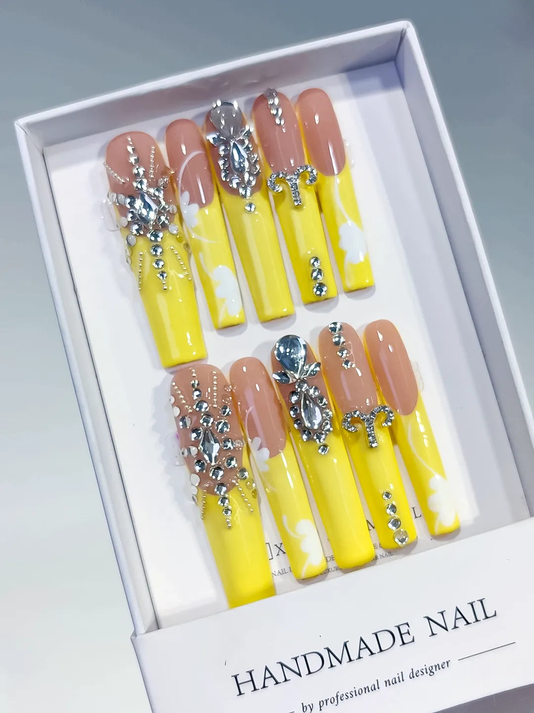 L180 - Long Nude Yellow Square Solid color Rhinestone