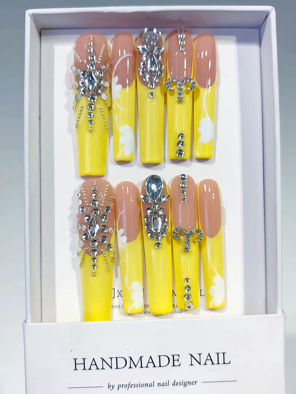 L180 - Long Nude Yellow Square Solid color Rhinestone