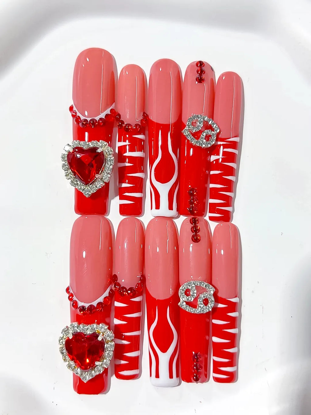 L181 - Long Nude Red Square Abstract Heart Rhinestone