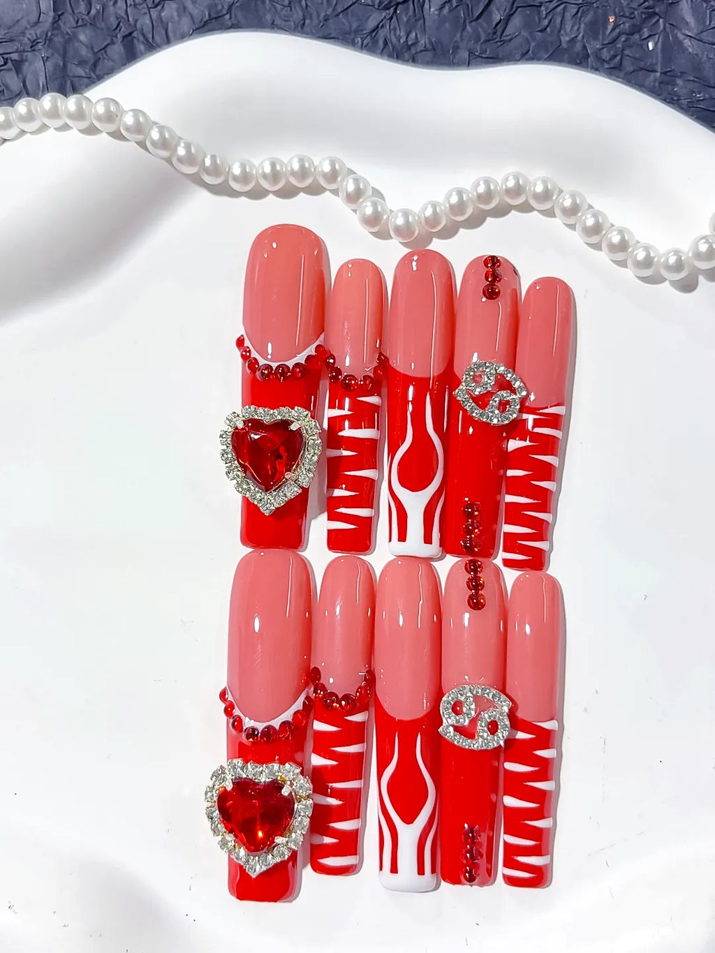L181 - Long Nude Red Square Abstract Heart Rhinestone