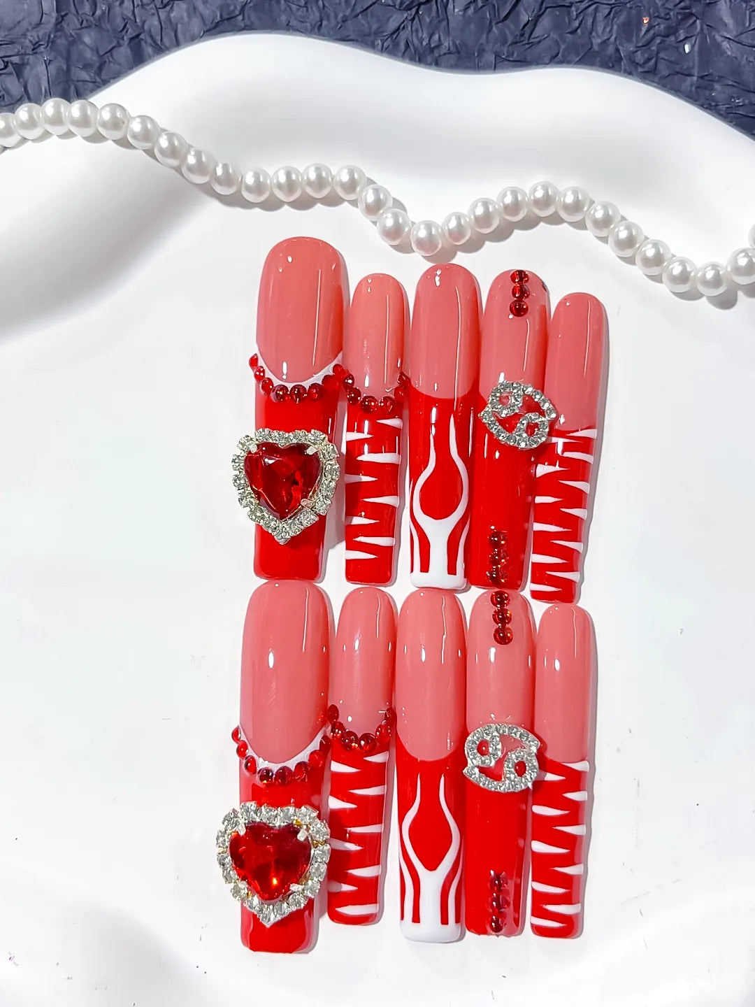 L181 - Long Nude Red Square Abstract Heart Rhinestone