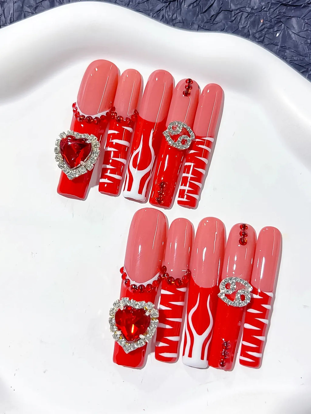 L181 - Long Nude Red Square Abstract Heart Rhinestone