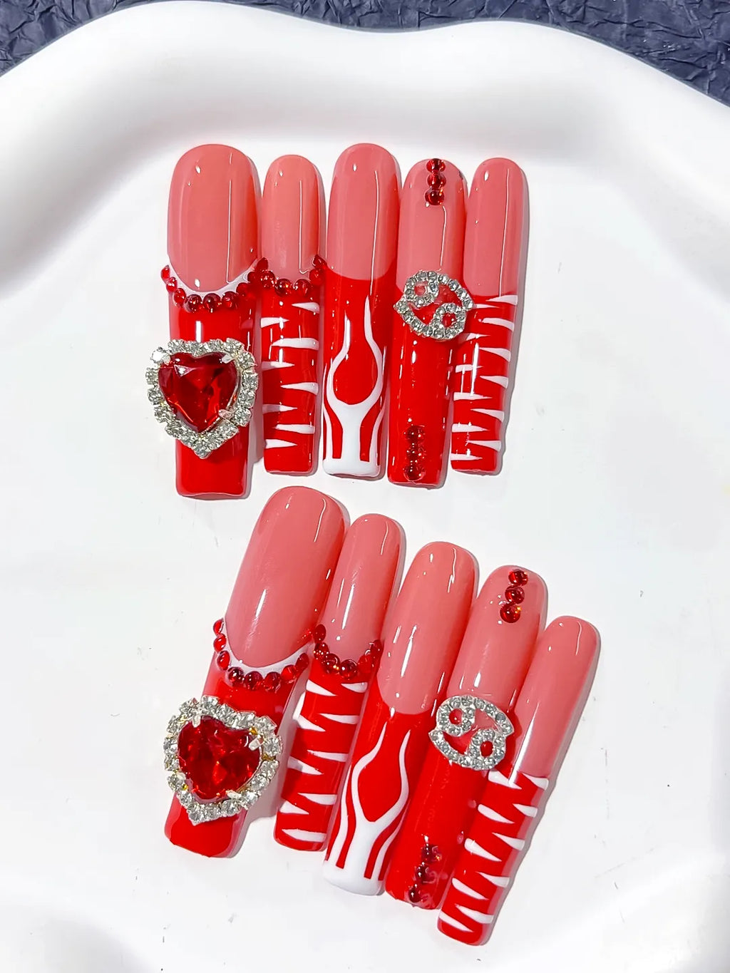 L181 - Long Nude Red Square Abstract Heart Rhinestone