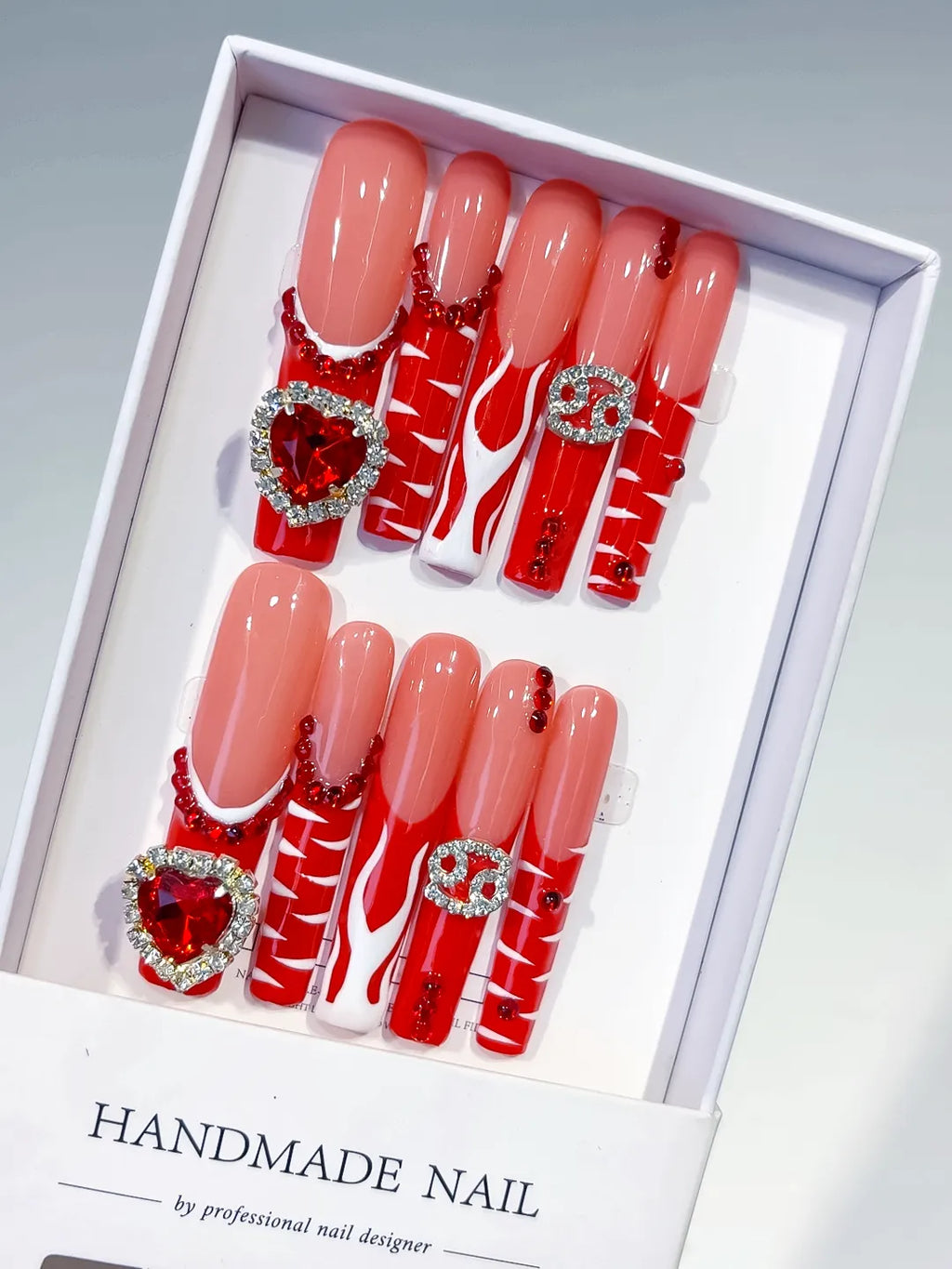 L181 - Long Nude Red Square Abstract Heart Rhinestone