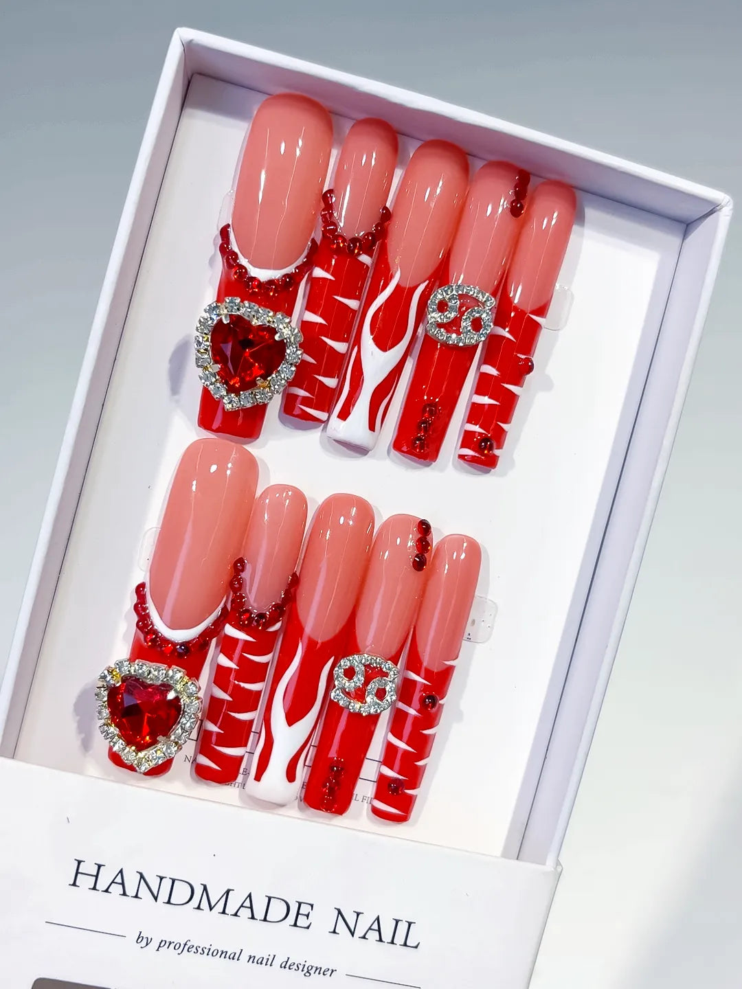 L181 - Long Nude Red Square Abstract Heart Rhinestone