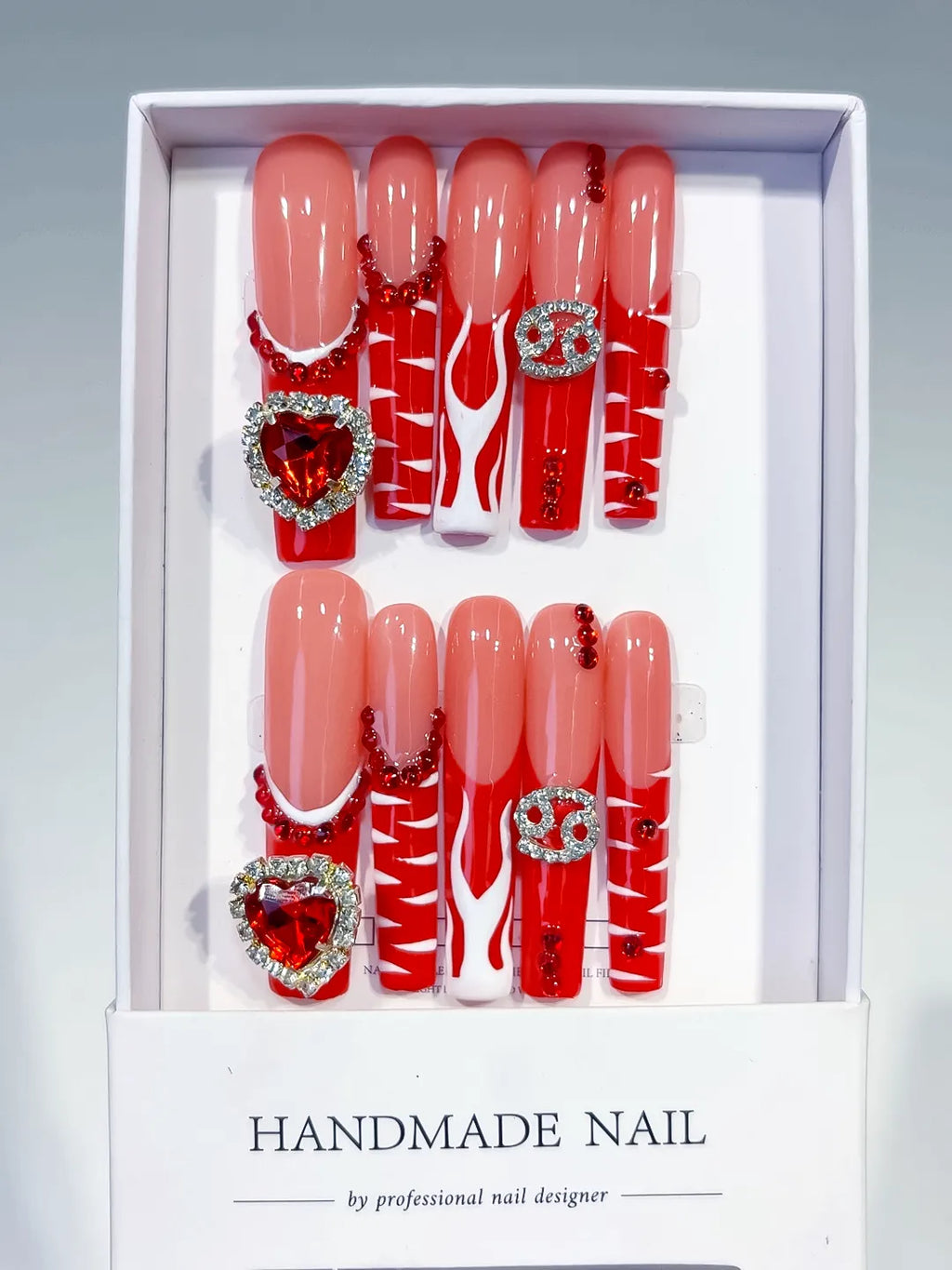 L181 - Long Nude Red Square Abstract Heart Rhinestone
