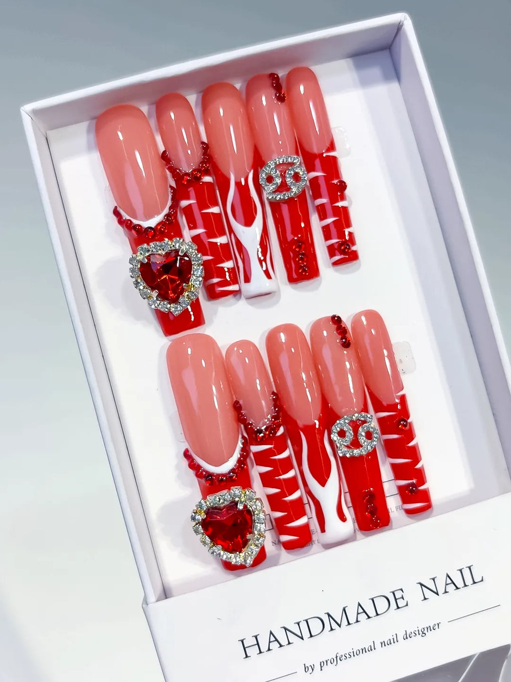 L181 - Long Nude Red Square Abstract Heart Rhinestone