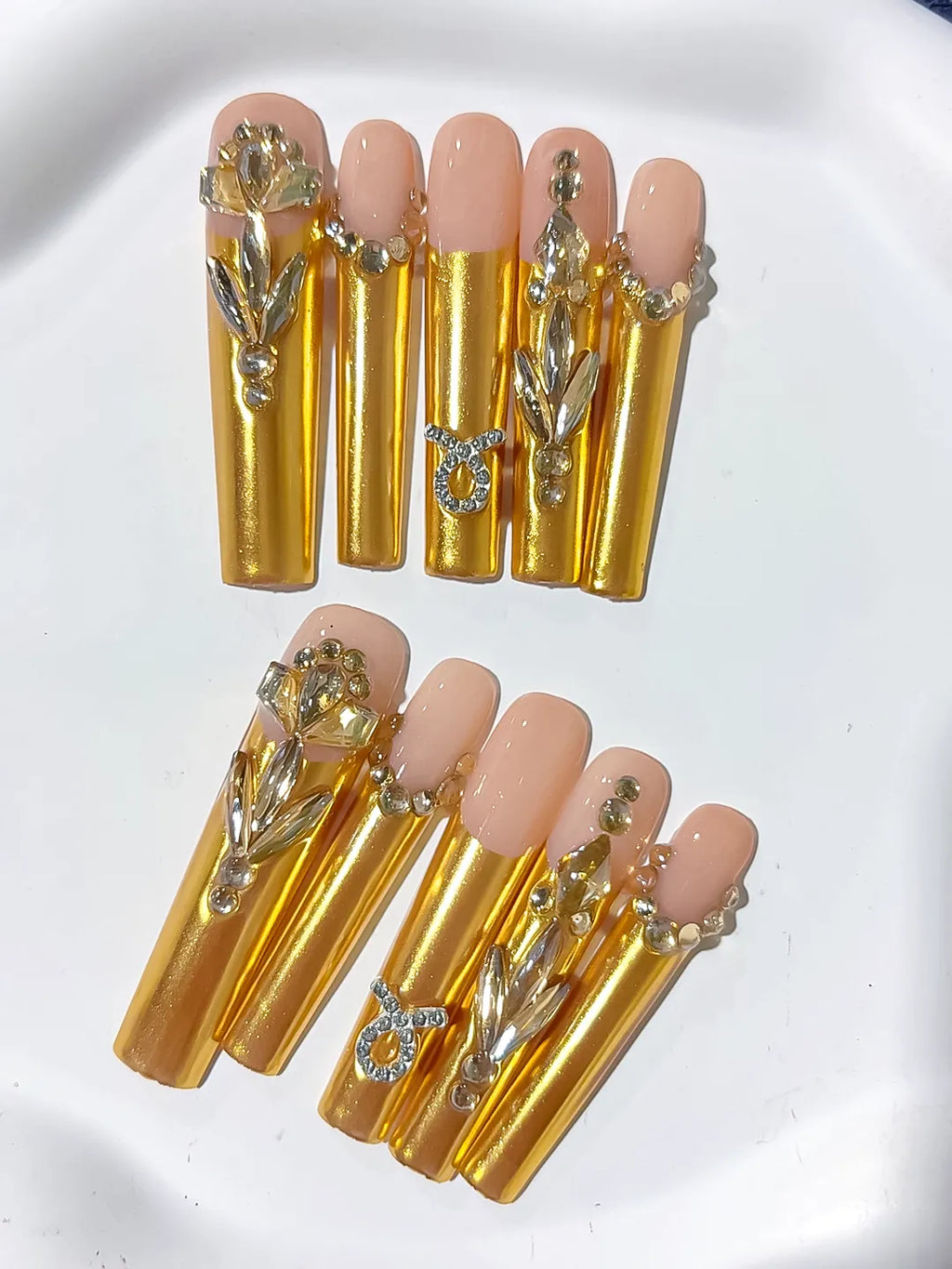 L182 - Long Nude Gold Square Metallic Rhinestone