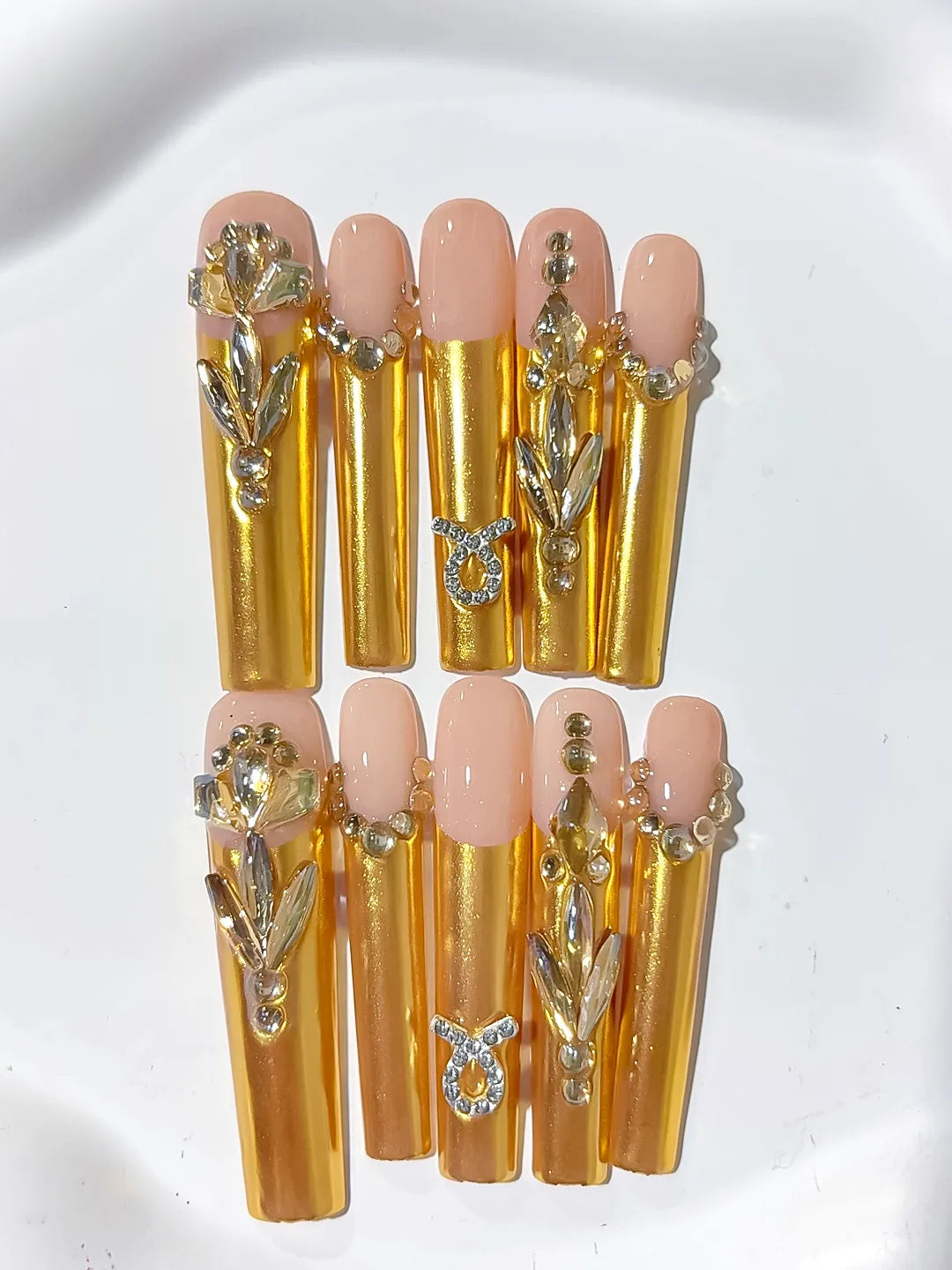 L182 - Long Nude Gold Square Metallic Rhinestone