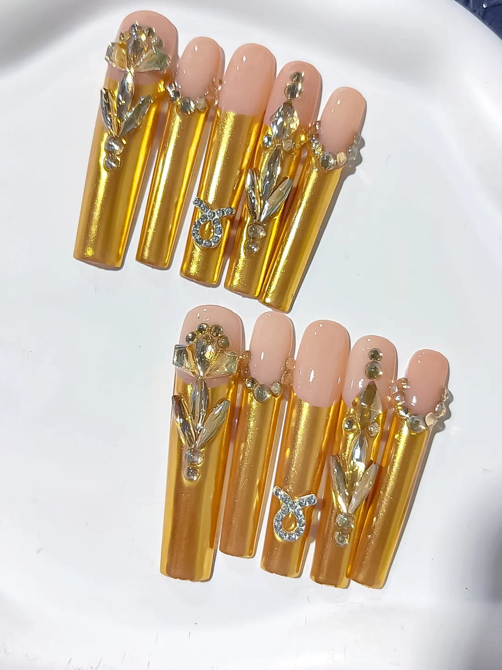 L182 - Long Nude Gold Square Metallic Rhinestone