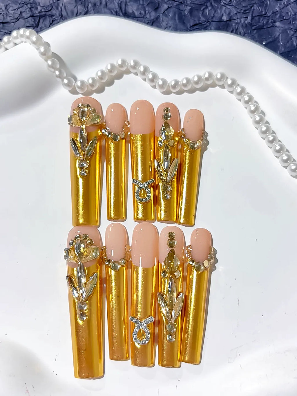L182 - Long Nude Gold Square Metallic Rhinestone