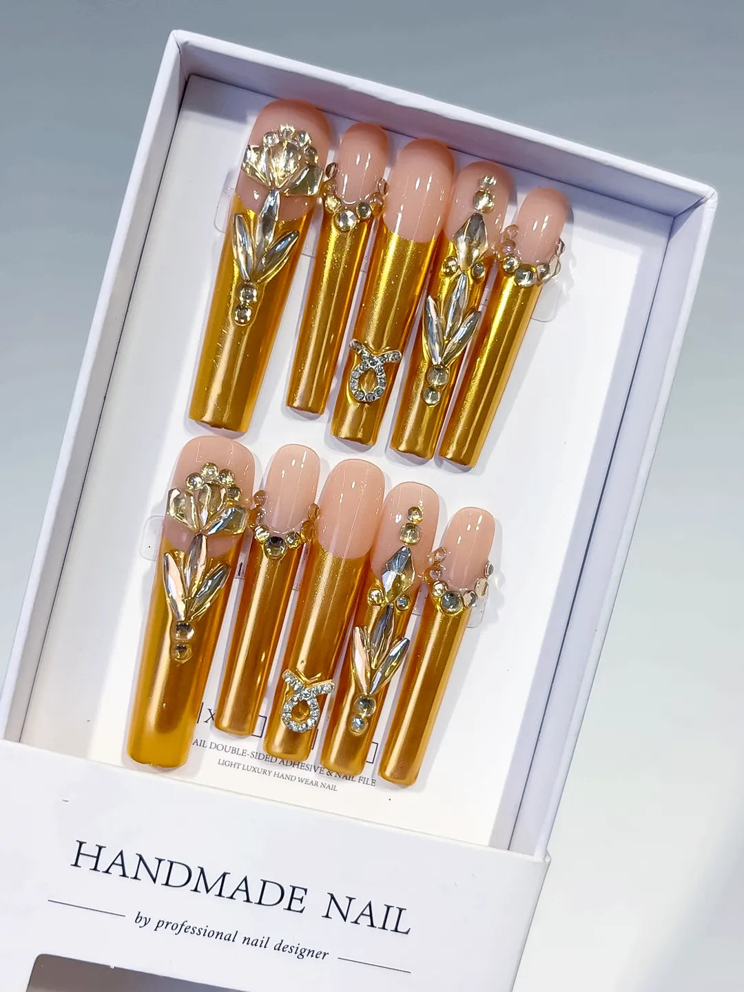 L182 - Long Nude Gold Square Metallic Rhinestone