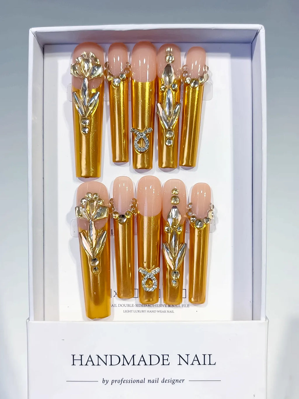 L182 - Long Nude Gold Square Metallic Rhinestone