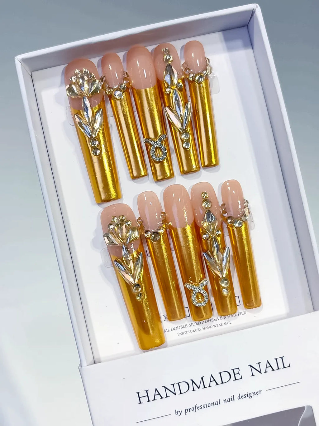L182 - Long Nude Gold Square Metallic Rhinestone
