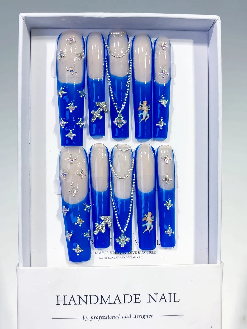 L183 - Long Nude Blue Square French tip Angel Cross