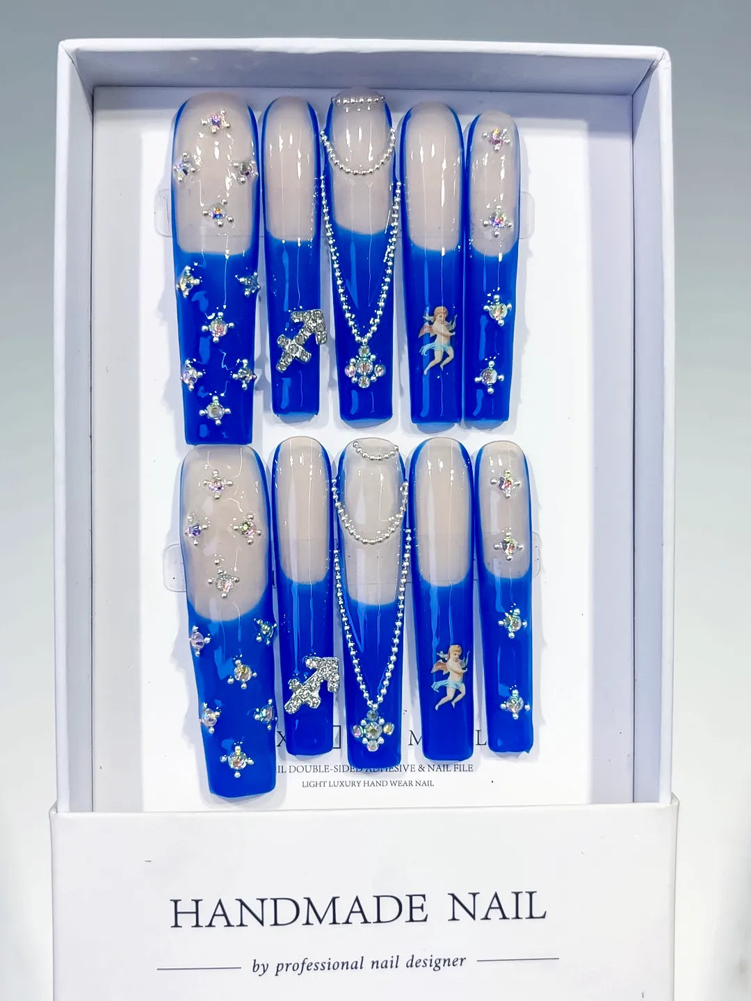 L183 - Long Nude Blue Square French tip Angel Cross
