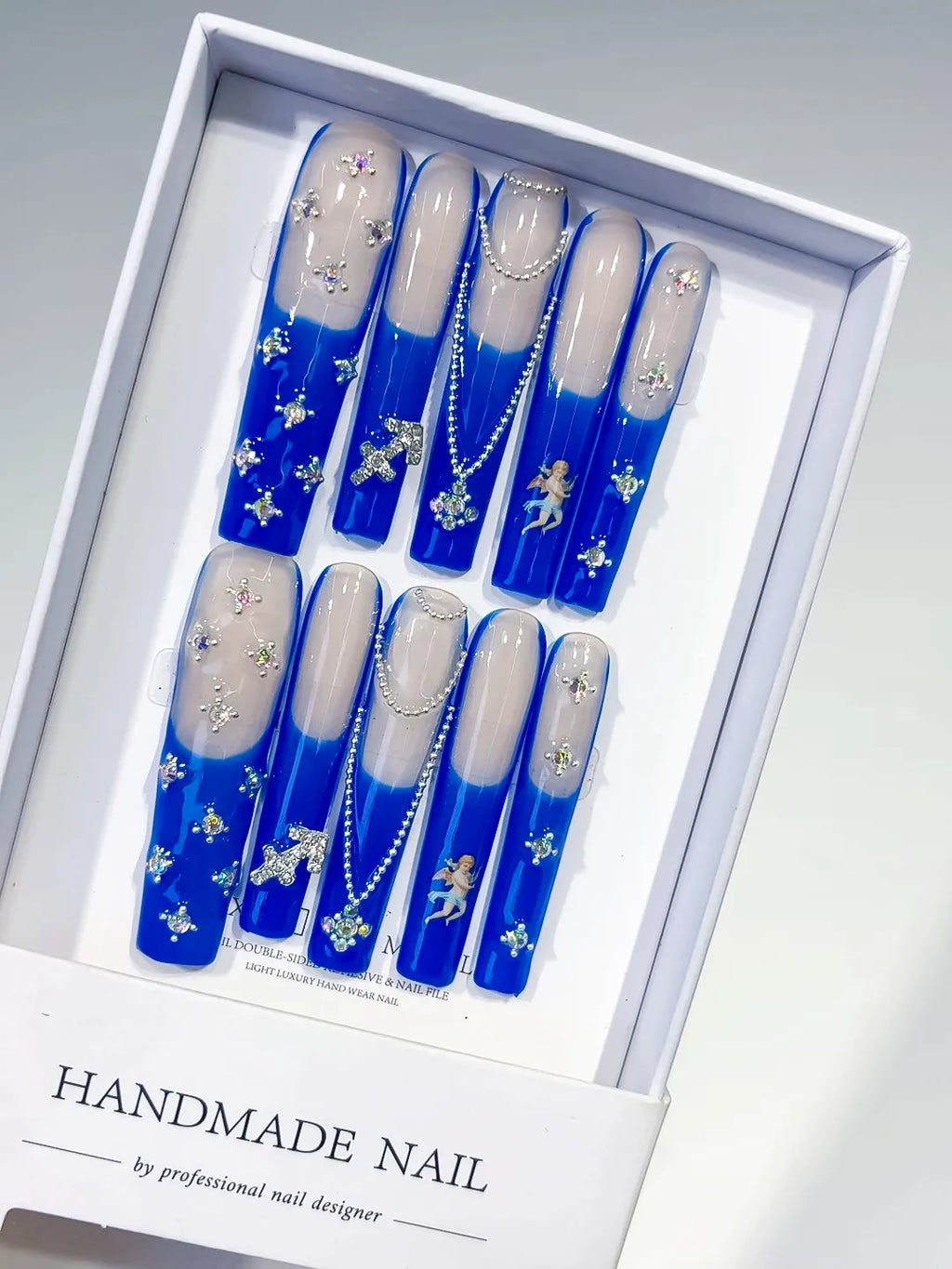 L183 - Long Nude Blue Square French tip Angel Cross