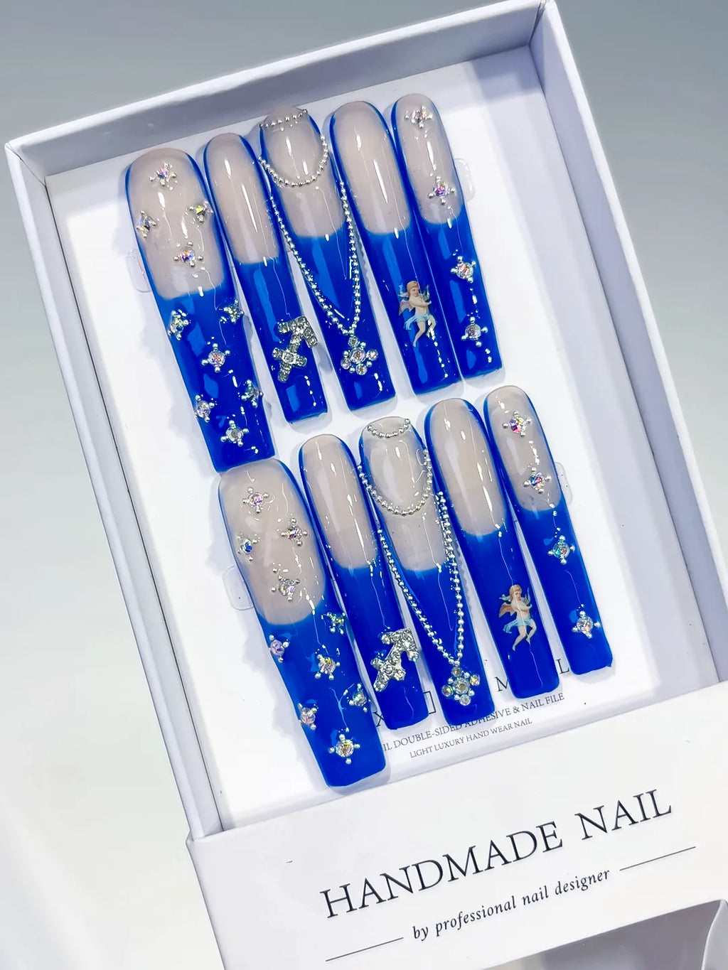 L183 - Long Nude Blue Square French tip Angel Cross