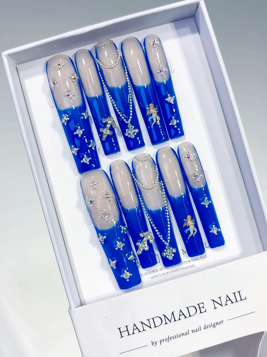 L183 - Long Nude Blue Square French tip Angel Cross