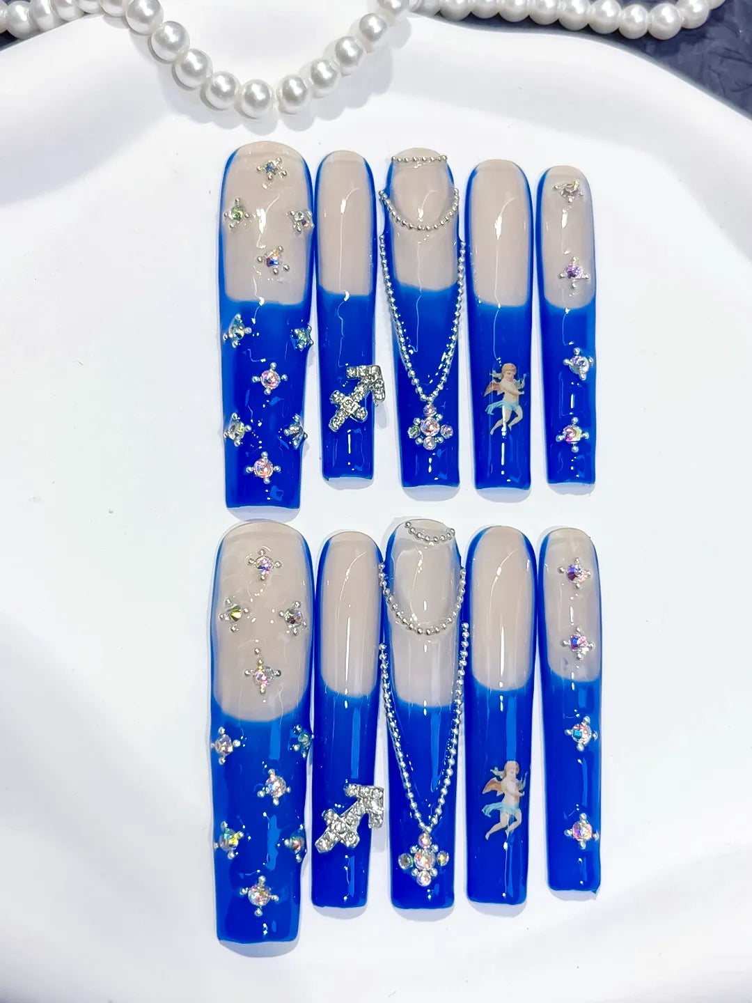 L183 - Long Nude Blue Square French tip Angel Cross