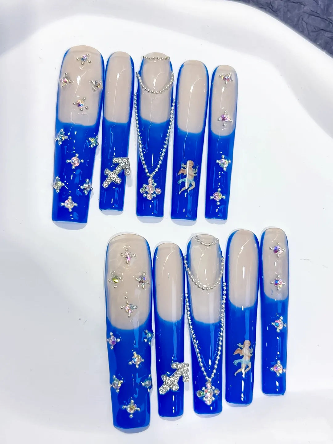 L183 - Long Nude Blue Square French tip Angel Cross