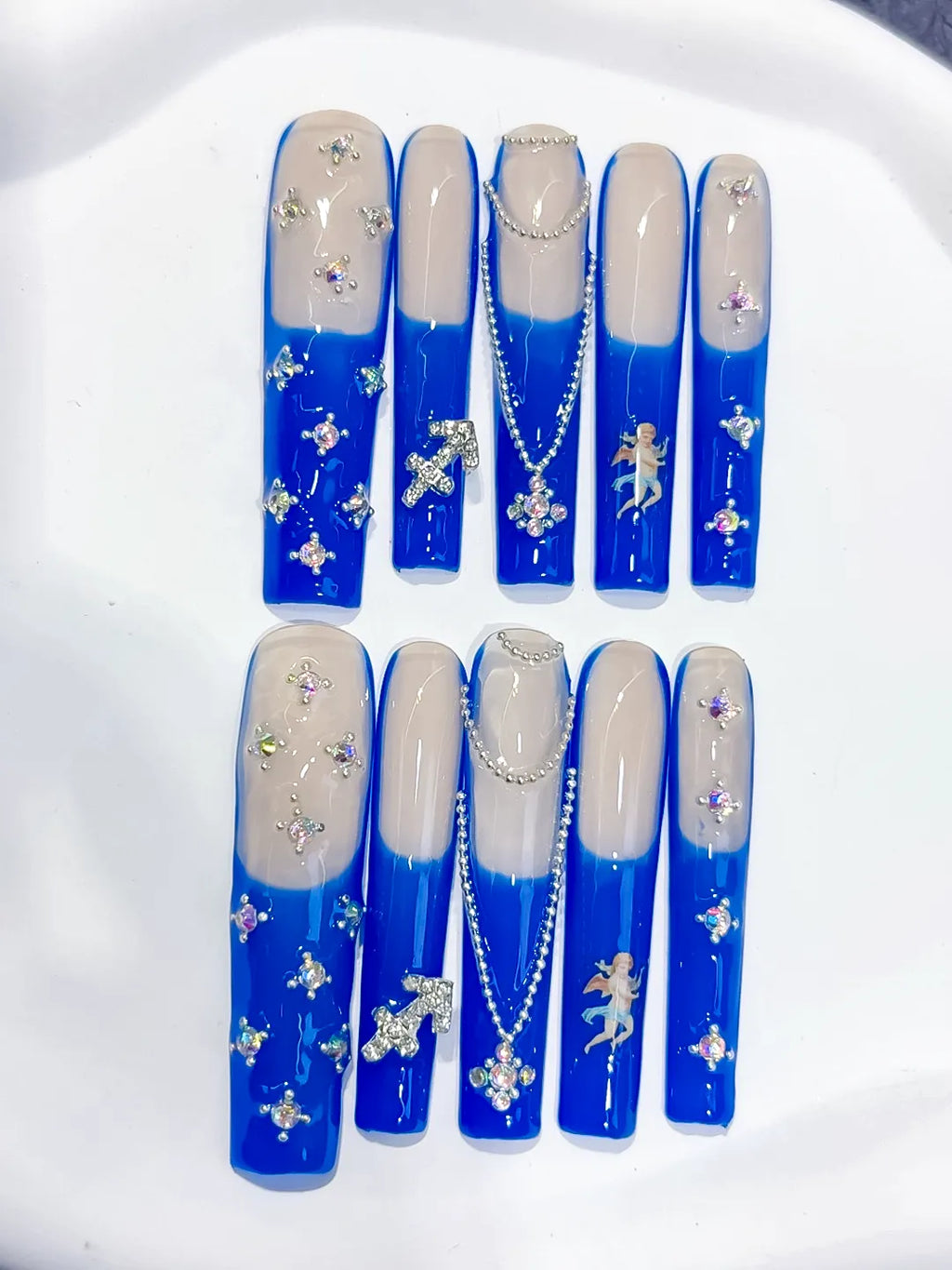 L183 - Long Nude Blue Square French tip Angel Cross