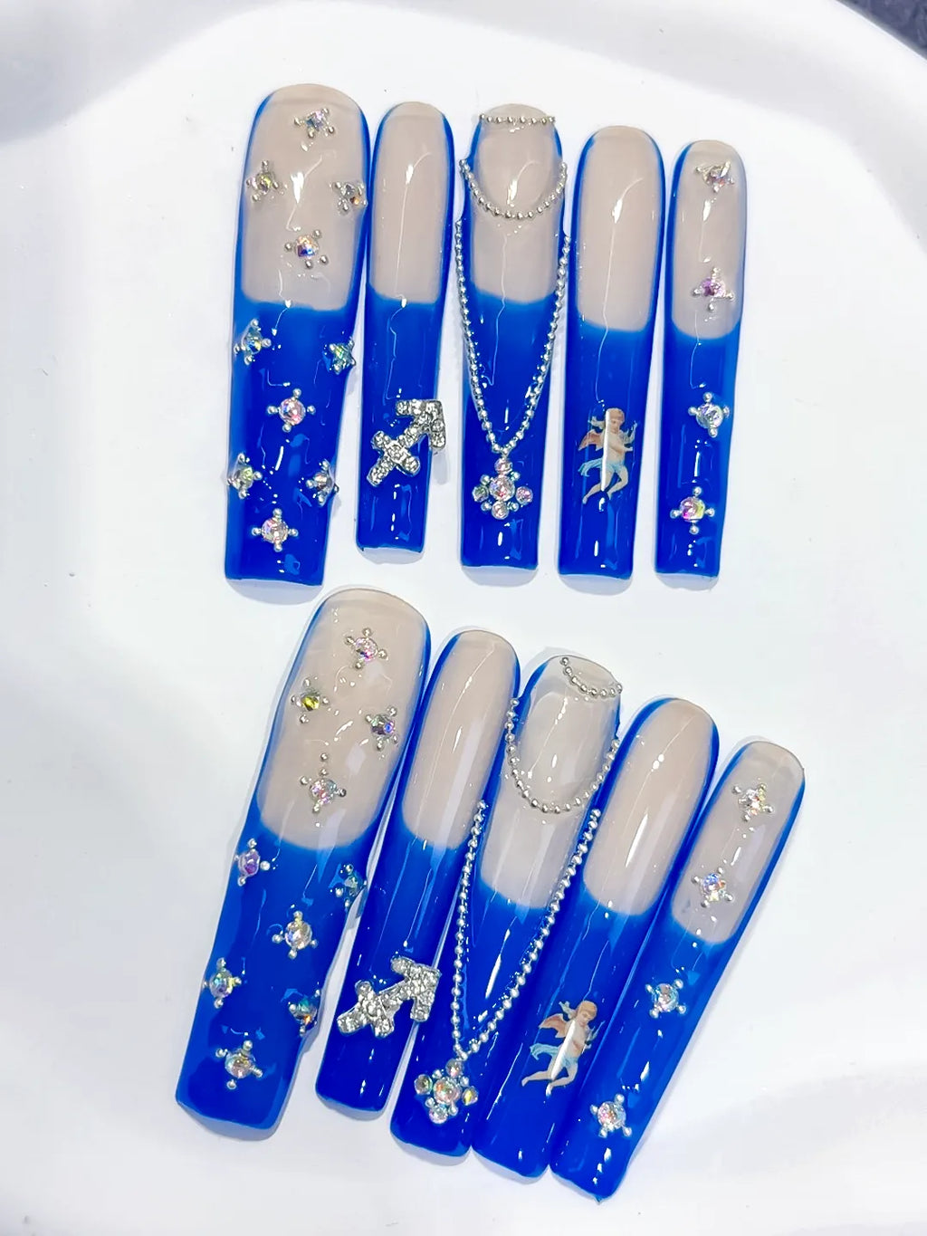 L183 - Long Nude Blue Square French tip Angel Cross