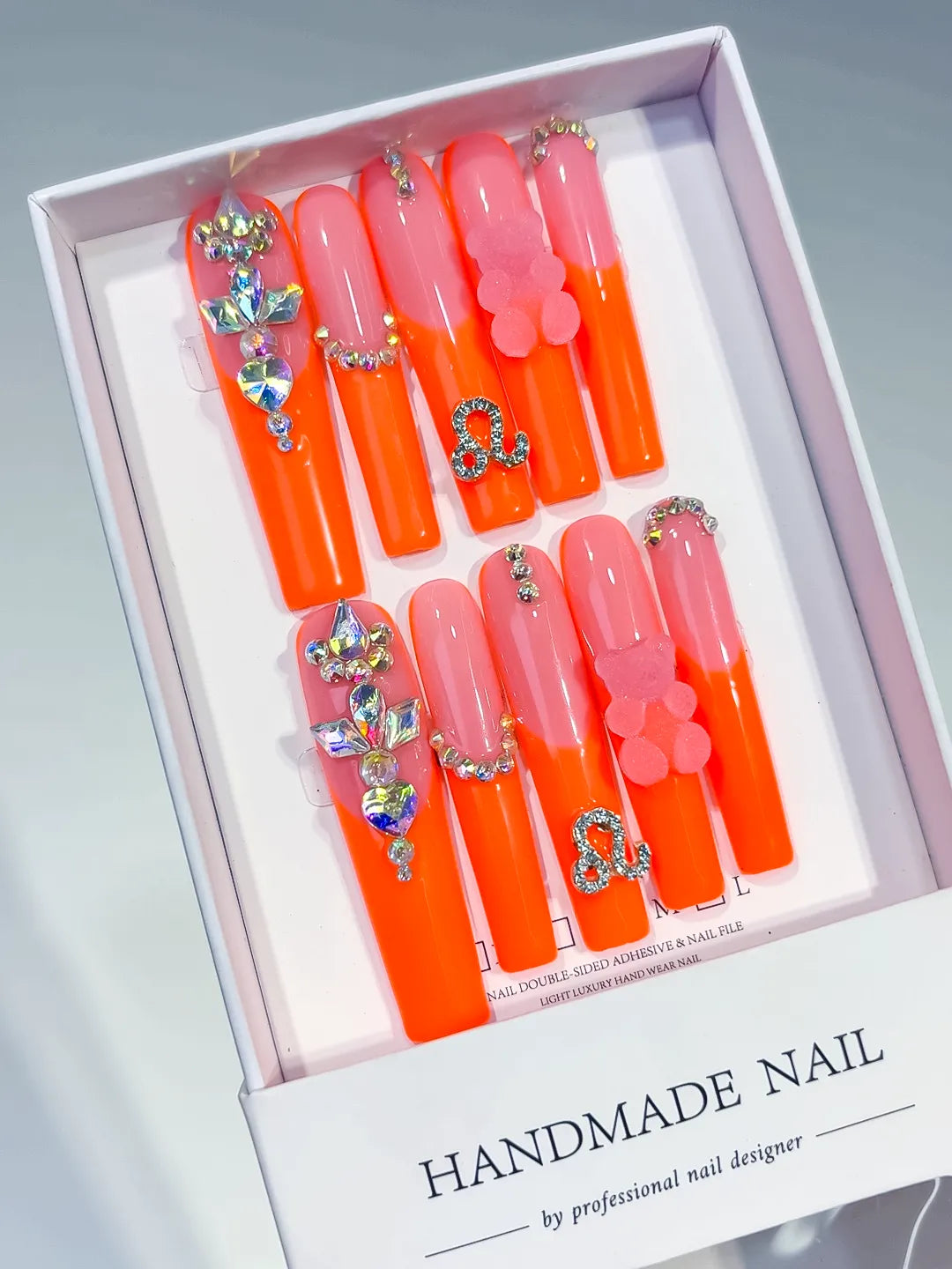 L184 - Long Orange Pink Square Ombre Bear Rhinestone