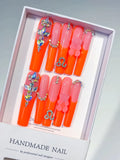 L184 - Long Orange Pink Square Ombre Bear Rhinestone