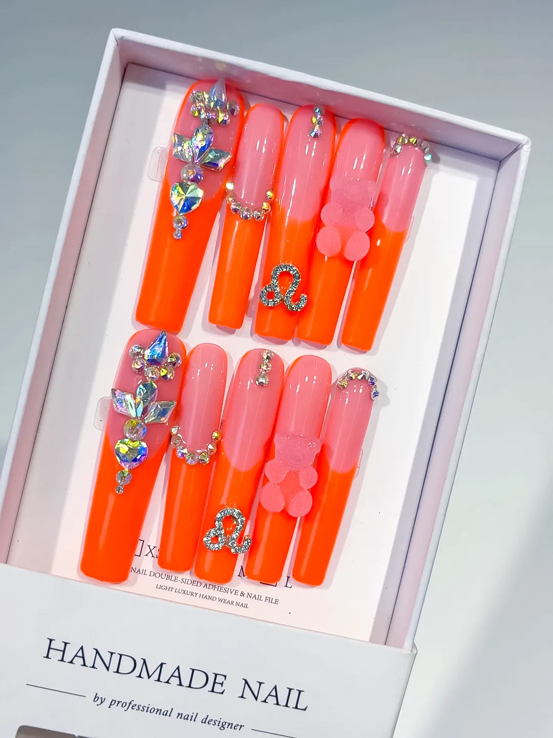 L184 - Long Orange Pink Square Ombre Bear Rhinestone