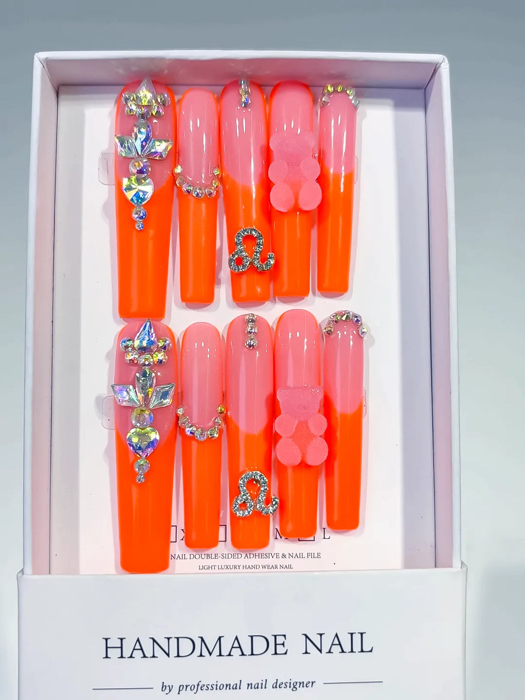 L184 - Long Orange Pink Square Ombre Bear Rhinestone