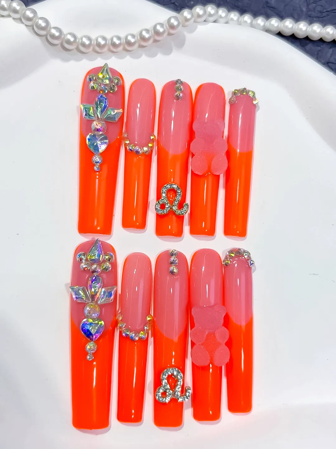 L184 - Long Orange Pink Square Ombre Bear Rhinestone
