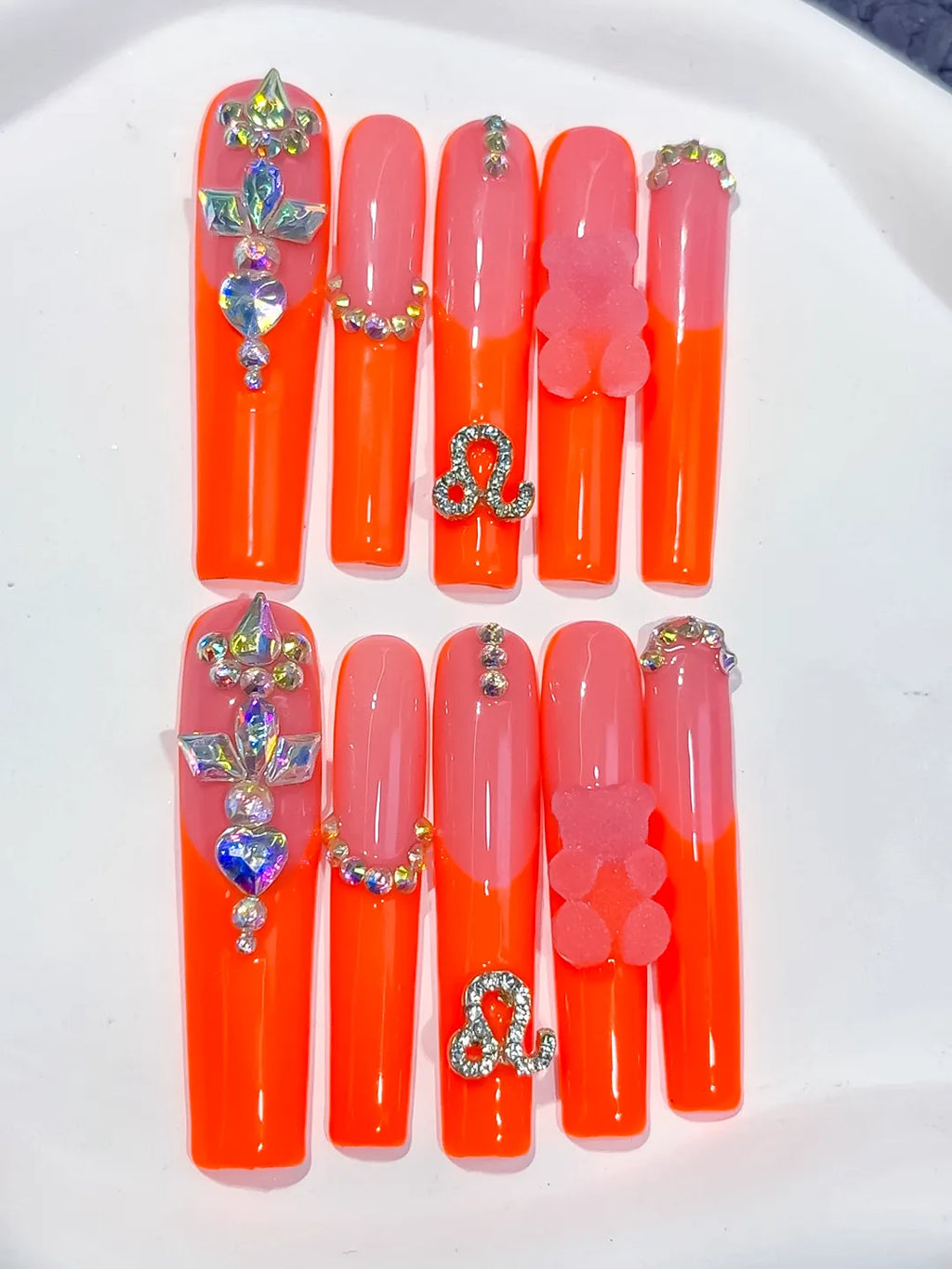 L184 - Long Orange Pink Square Ombre Bear Rhinestone