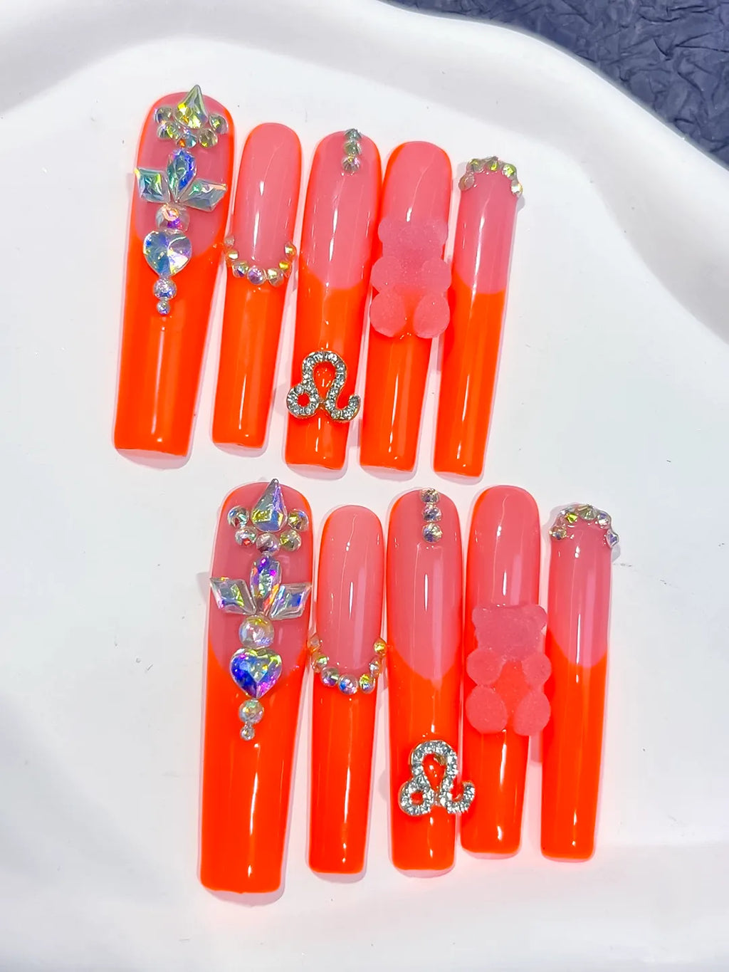L184 - Long Orange Pink Square Ombre Bear Rhinestone