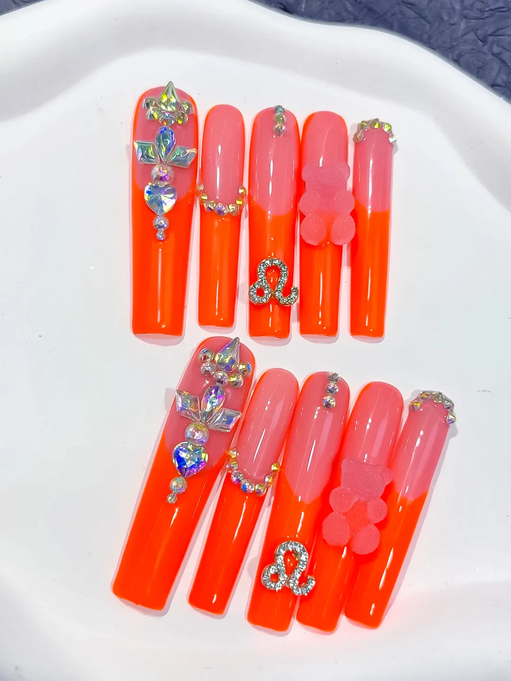 L184 - Long Orange Pink Square Ombre Bear Rhinestone