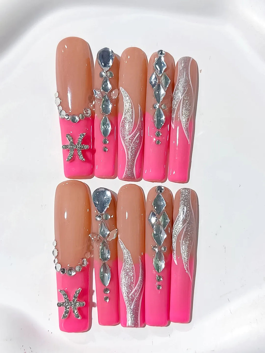 L187 - Long Nude Pink Square Abstract Starfish Rhinestone