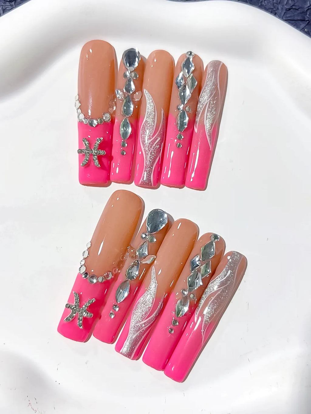 L187 - Long Nude Pink Square Abstract Starfish Rhinestone