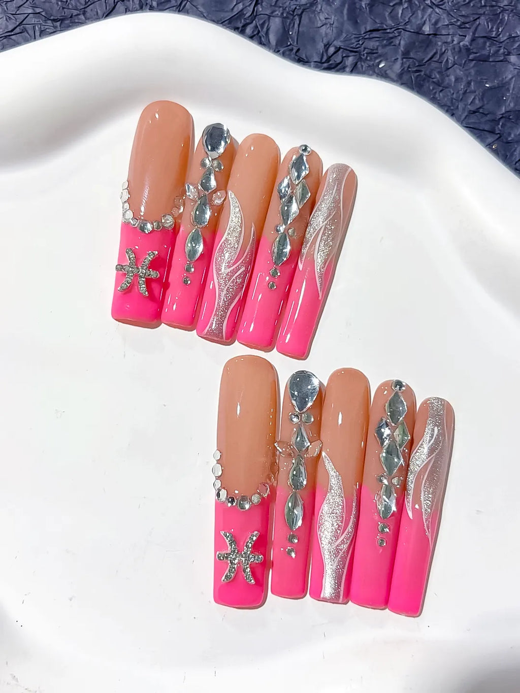 L187 - Long Nude Pink Square Abstract Starfish Rhinestone