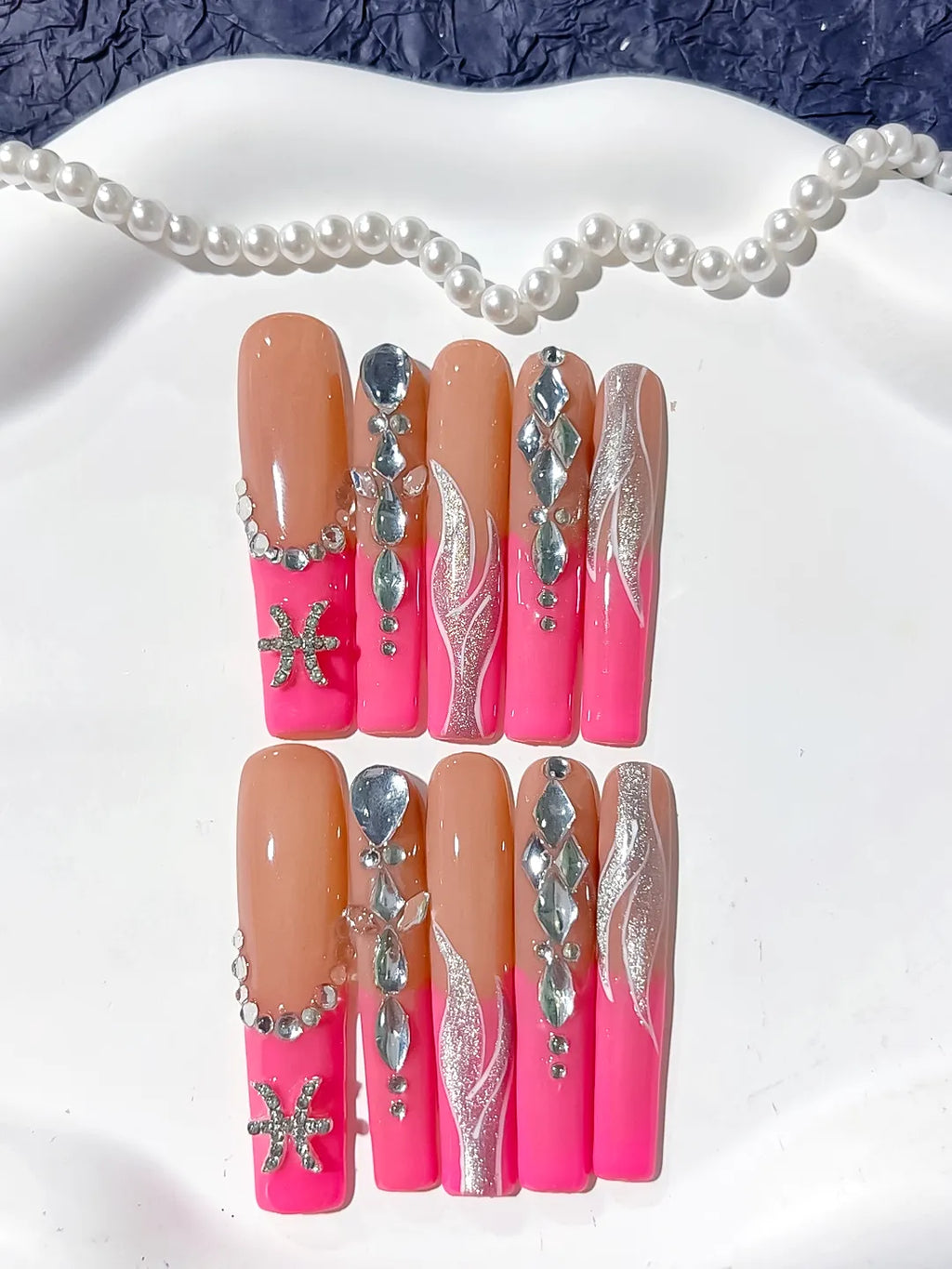 L187 - Long Nude Pink Square Abstract Starfish Rhinestone