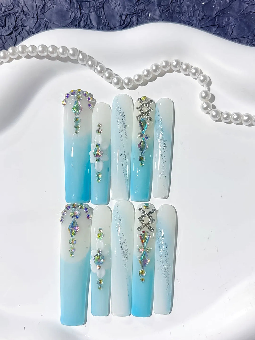 L188 - Long White Blue Square Ombre Flower Snowflake