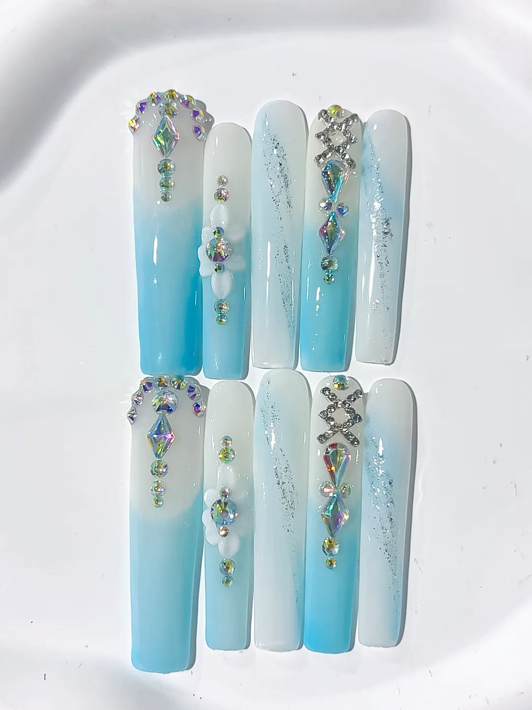 L188 - Long White Blue Square Ombre Flower Snowflake