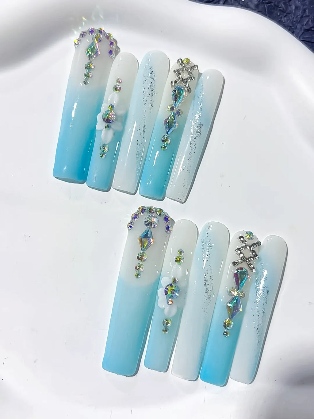 L188 - Long White Blue Square Ombre Flower Snowflake