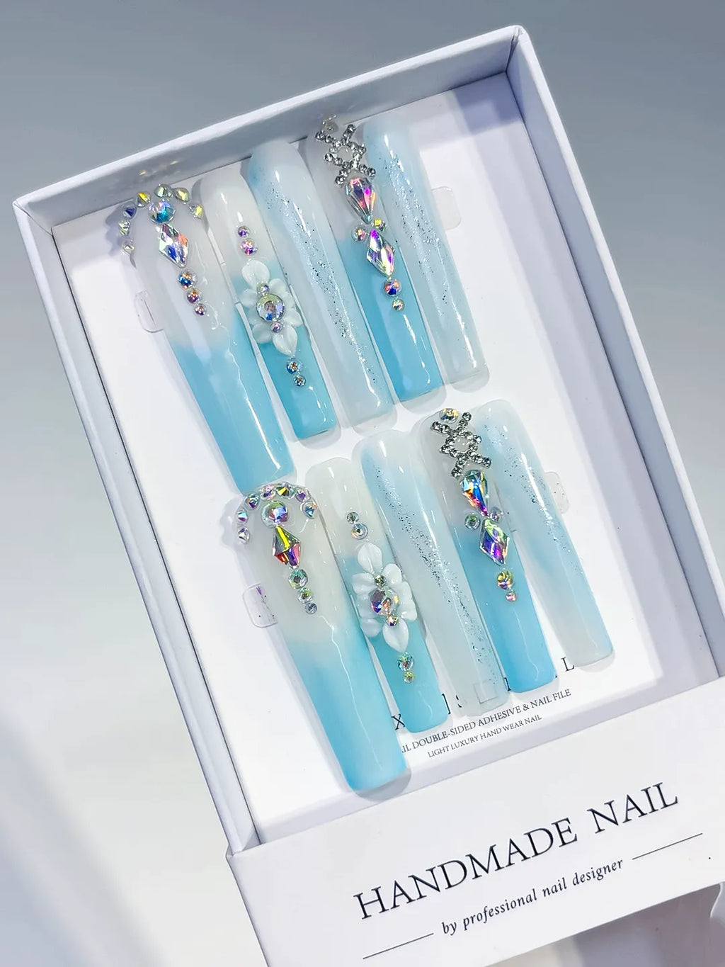 L188 - Long White Blue Square Ombre Flower Snowflake