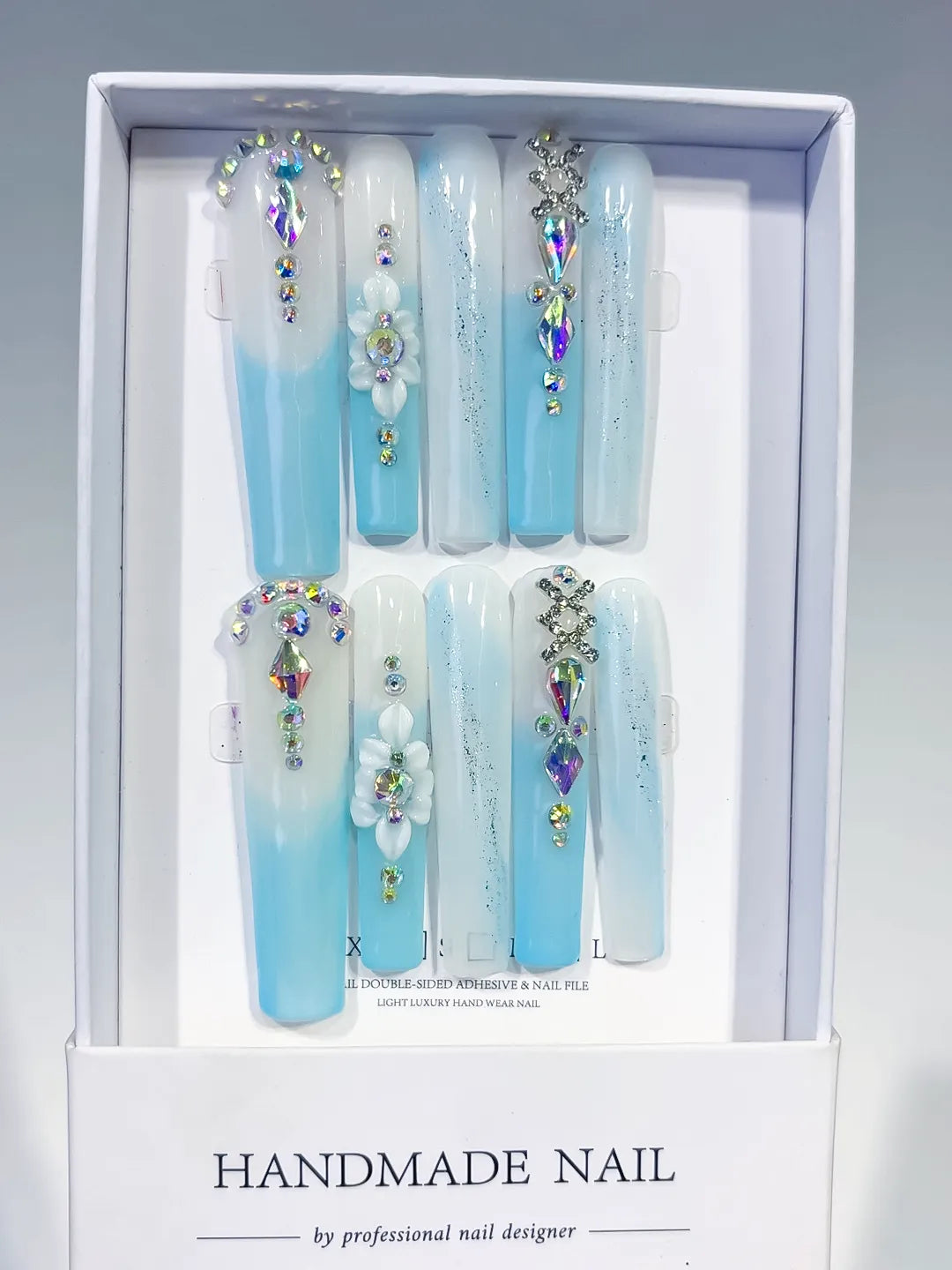 L188 - Long White Blue Square Ombre Flower Snowflake
