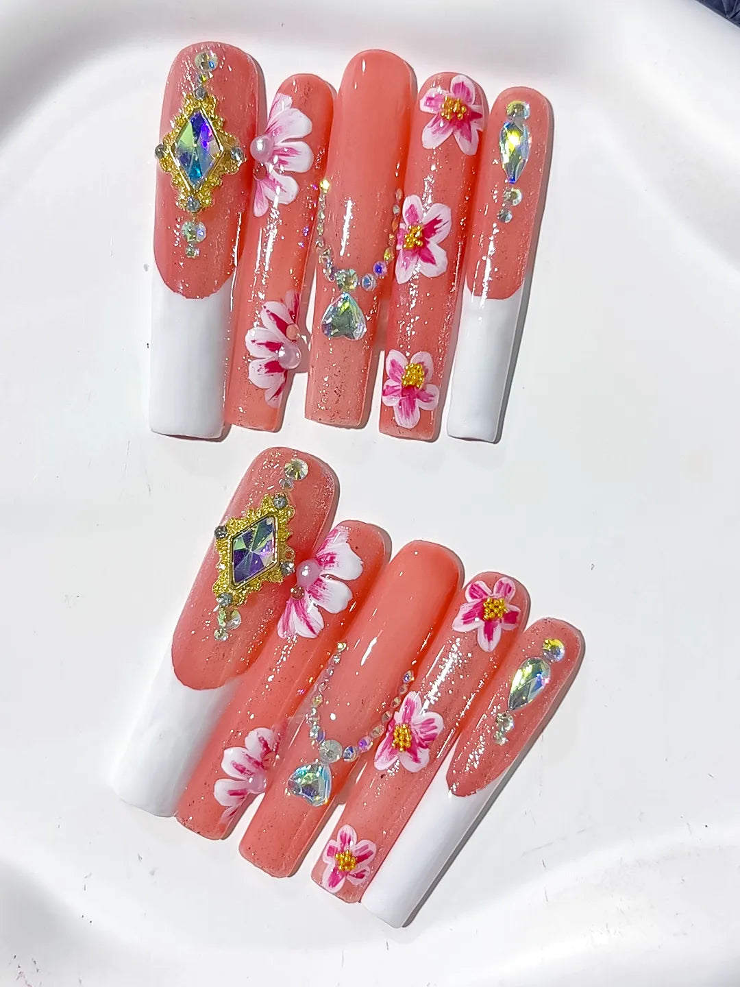 L200 - Long Orange White Square Floral Rhinestone