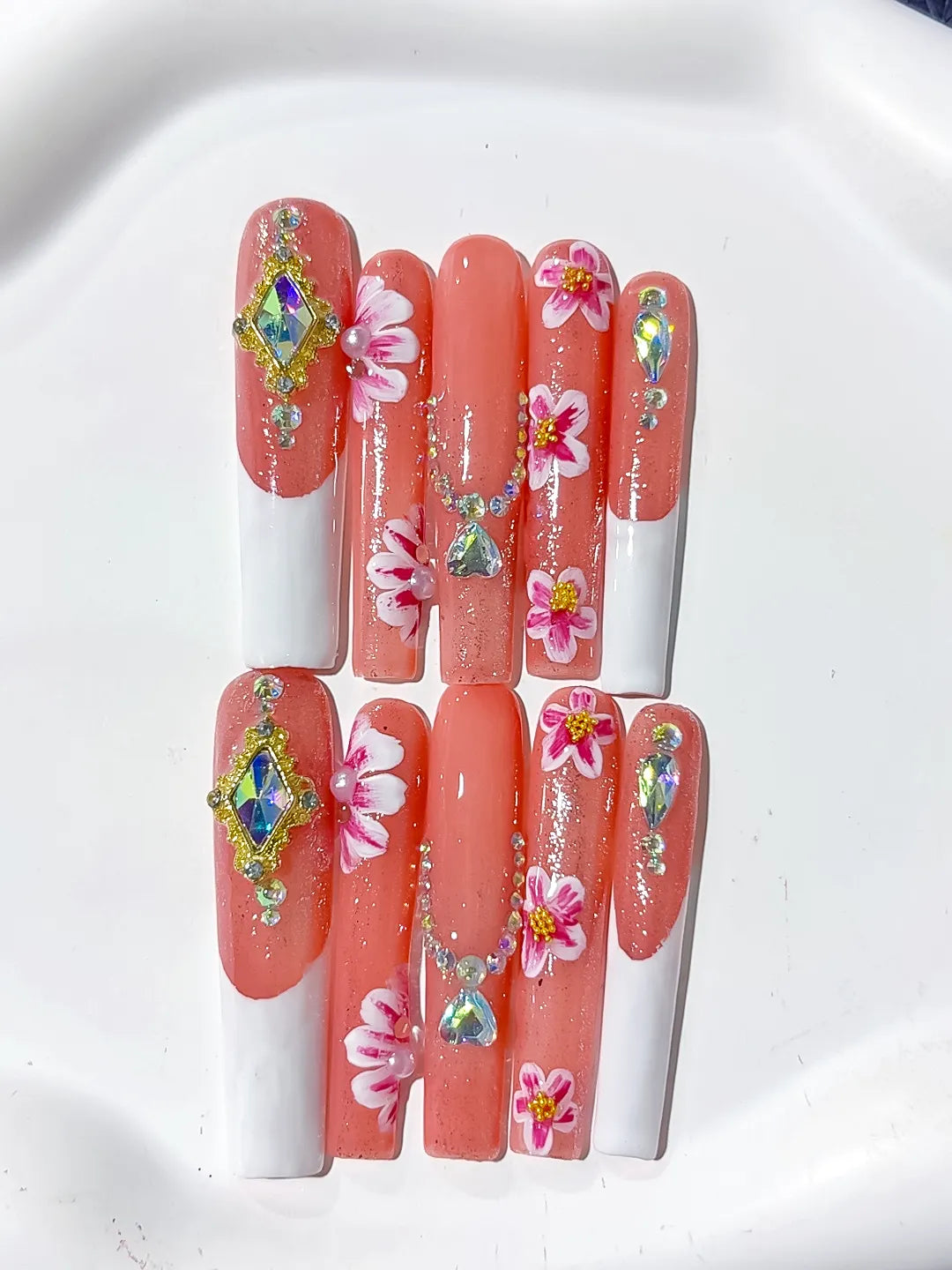 L200 - Long Orange White Square Floral Rhinestone