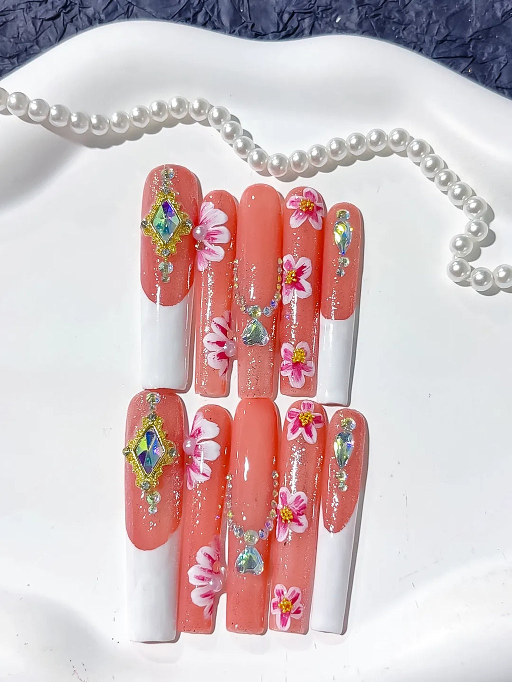 L200 - Long Orange White Square Floral Rhinestone