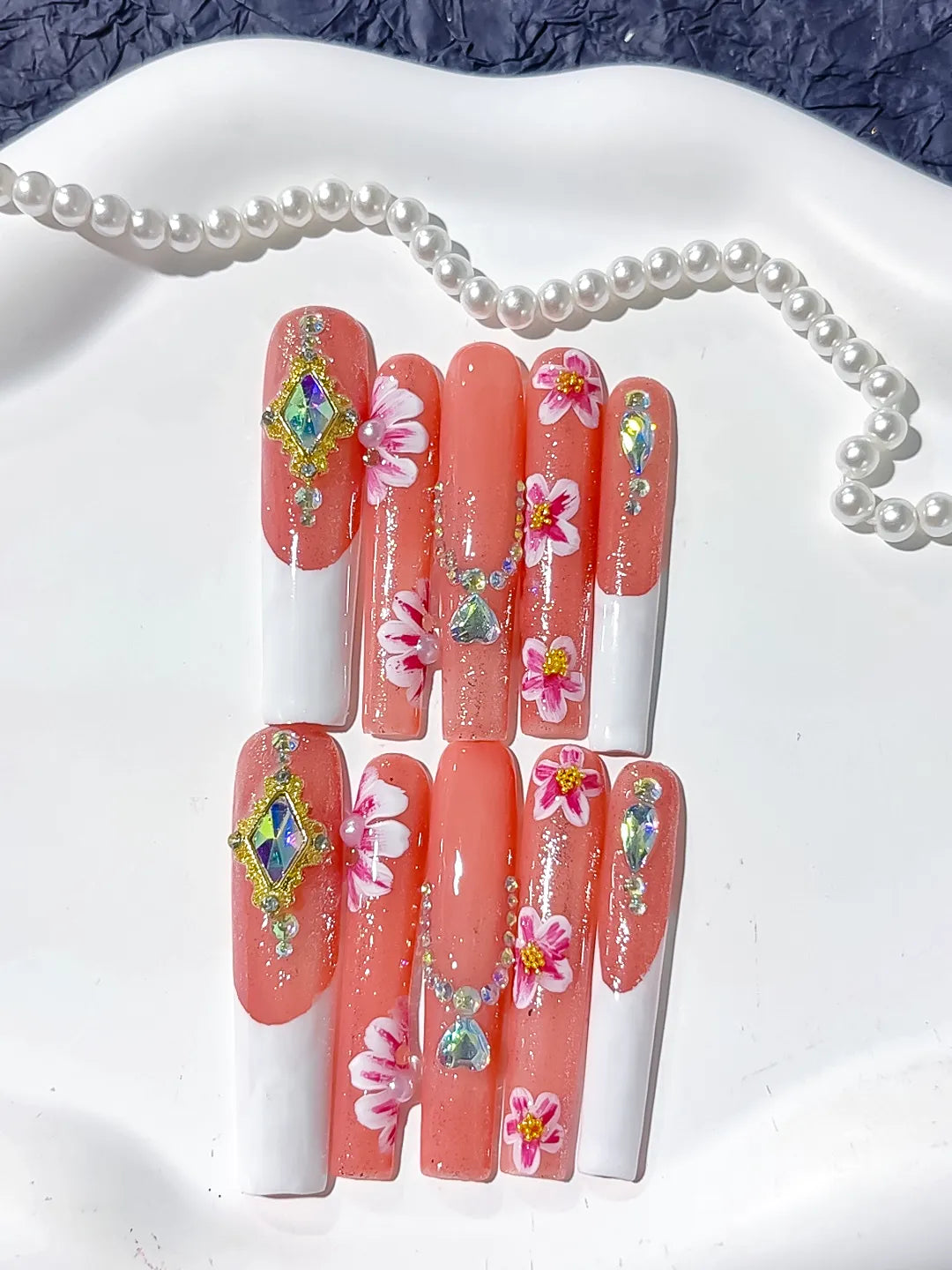L200 - Long Orange White Square Floral Rhinestone