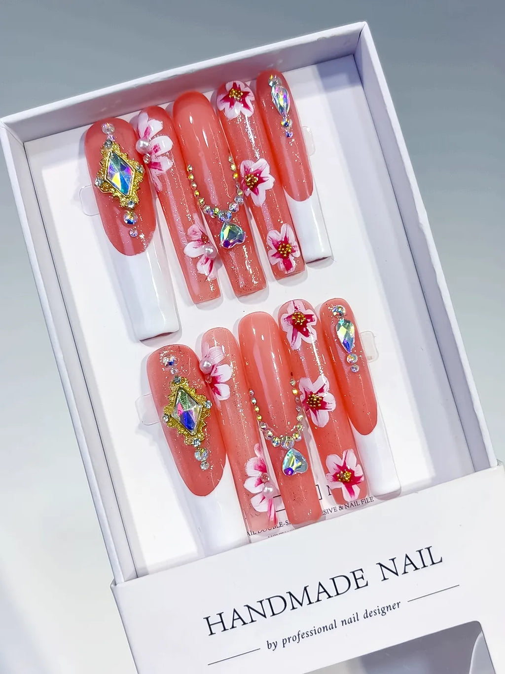 L200 - Long Orange White Square Floral Rhinestone