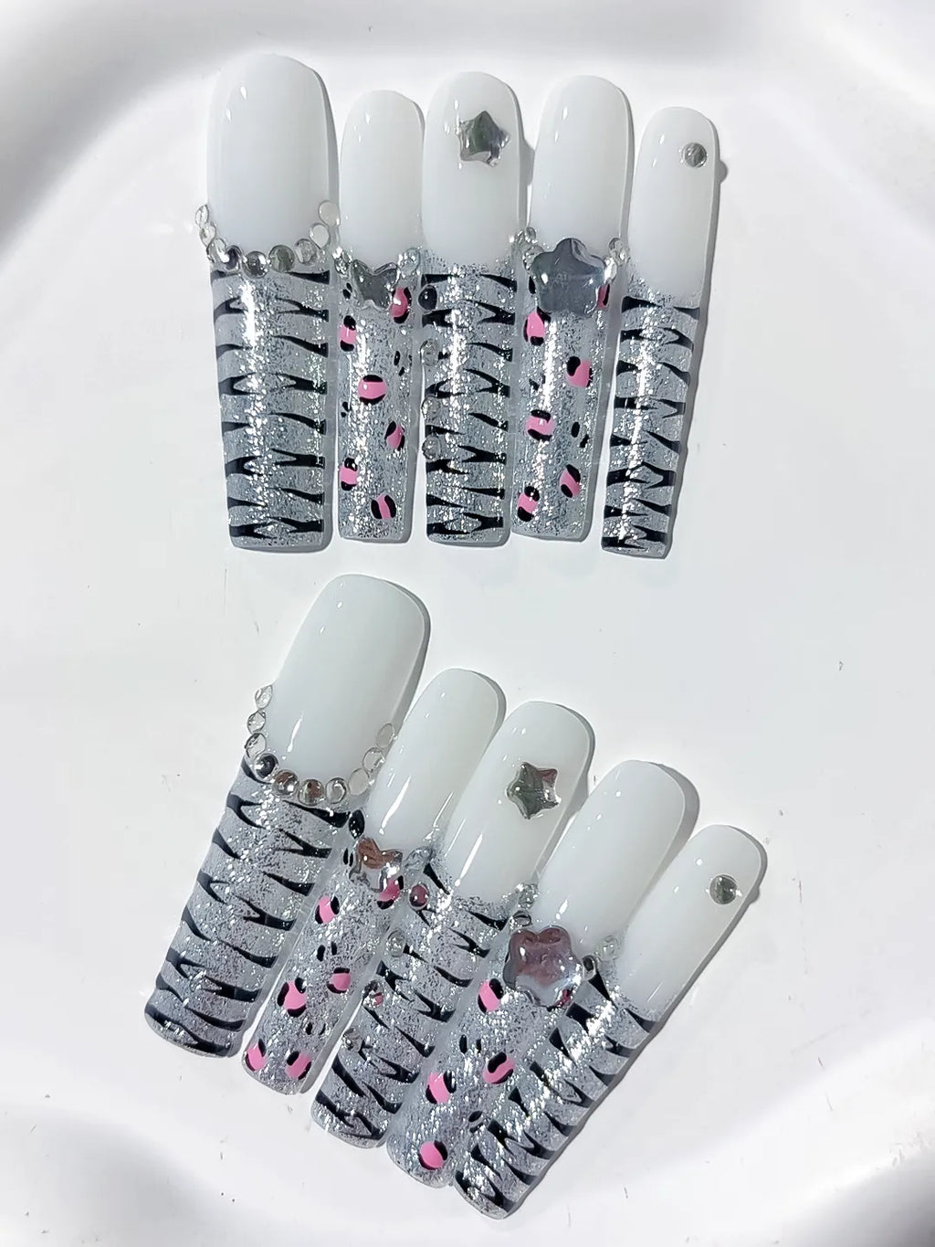 L201 - Long White Silver Square Abstract Star Animal Print